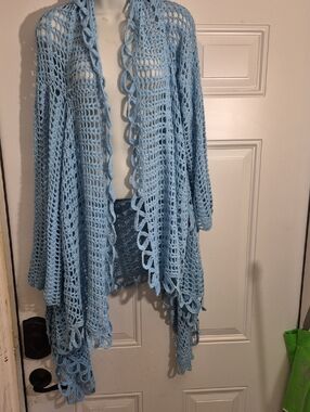 Light Blue Open-Knit Women's Sweater Cardigan